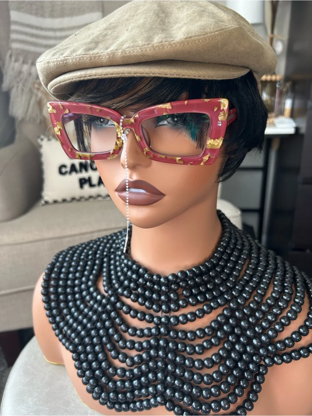Red Floral Cat-Eye Sunglasses with Rhinestone Nose Chain